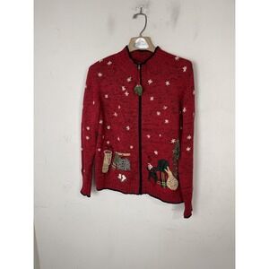 Coldwater Creek Womens M Red Full Zip Christmas Winter Holiday Cardigan Sweater